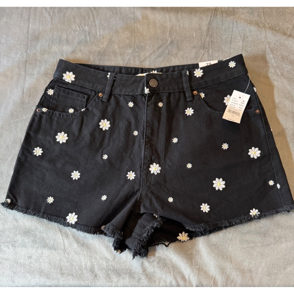 PacSun Womens High Rise Festival Shorts 29 Black Daisy‎ Embroidered Cottagecore